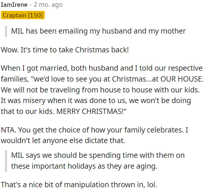 OP can celebrate Christmas at their own home to avoid holiday travel stress.