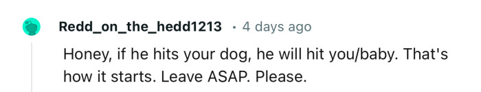 “Honey, If He Hits Your Dog, He Will Hit You/Baby.”