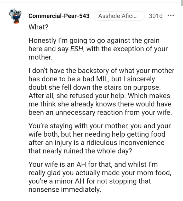 This Redditor doubts the mom fell down the stairs on purpose