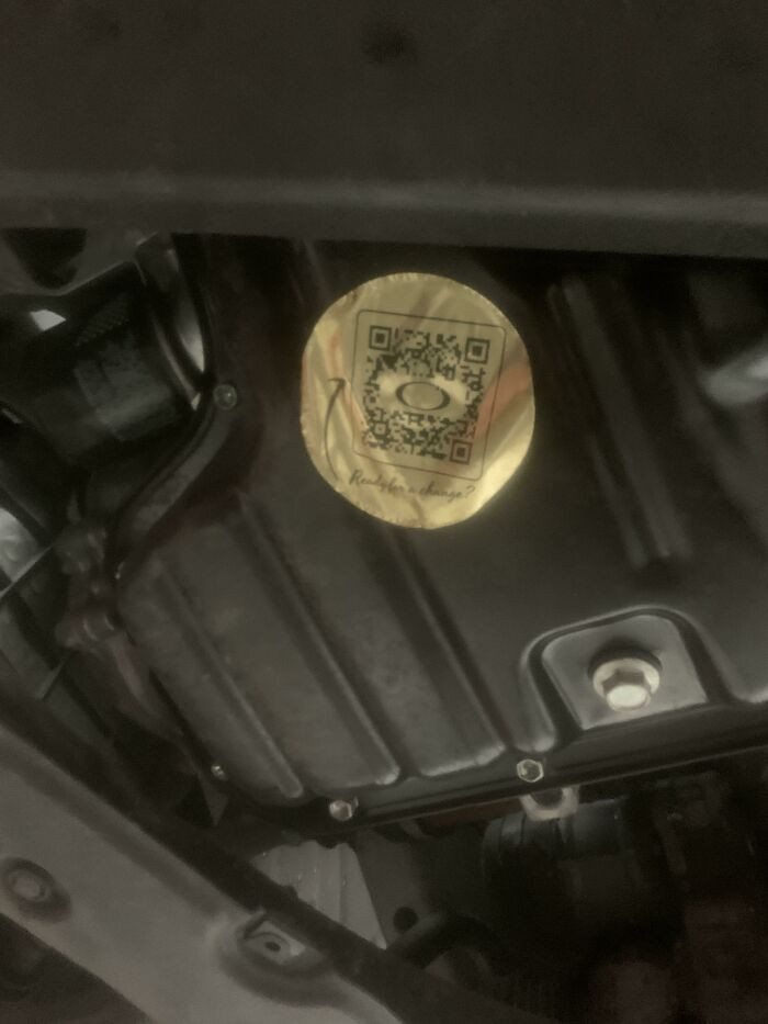 21. Sticker On The Oil Pan That Scans To A Job Application At Another Shop Lol