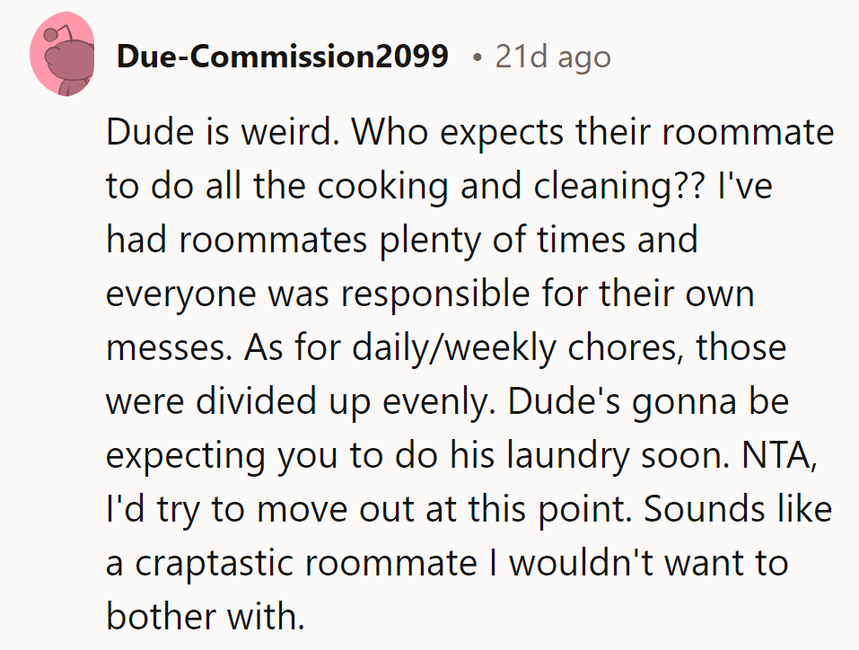 Dude's expectations are off. Roommates share chores, not personal maids. NTA—time for a better roommate.