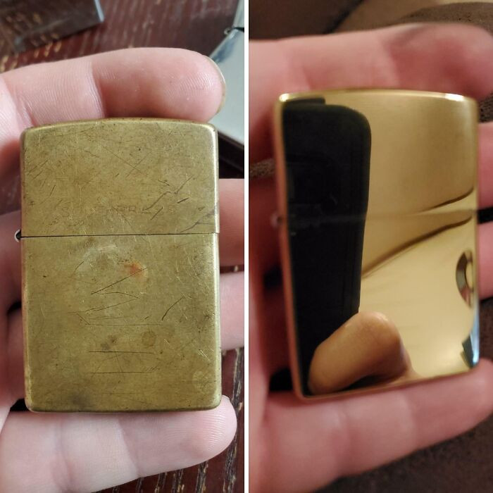 "1995 Zippo, Before And After. One Day It Will Look Like It Did Before The Sanding And Polish"