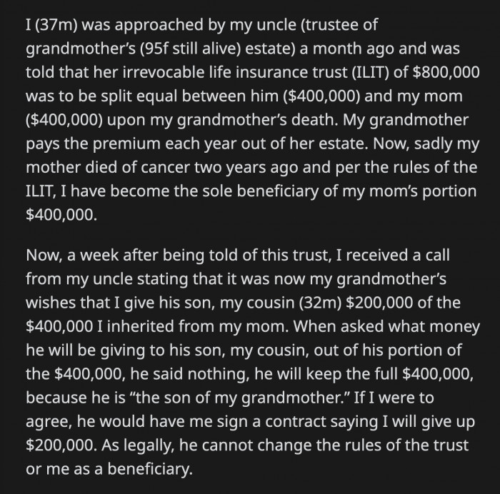 It's obvious to OP that his uncle is coaching his mother on what to say because she cannot answer OP's questions clearly.