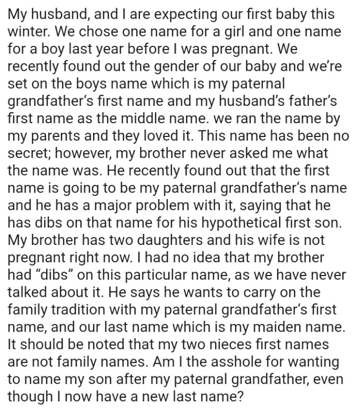 OP's Brother Found Out That the First Name Is Going to Be Their Paternal Grandfather’s Name, and He Has a Major Problem with It