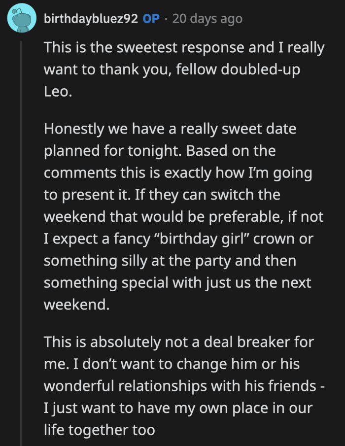 OP said she is more than willing to meet her boyfriend halfway because, as she stated in her original post, this isn't the hill she's willing to die on