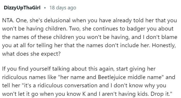 Mom is delusional, that's for sure...