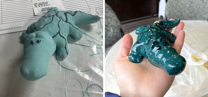 "Before And After Baking My Clay Crocodile"