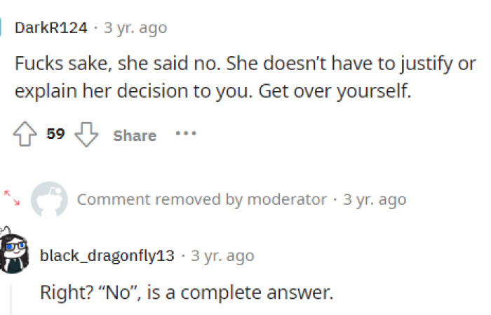 People immediately came to the comments and stated that the guy is way in the wrong because 'no' simply means 'no.'