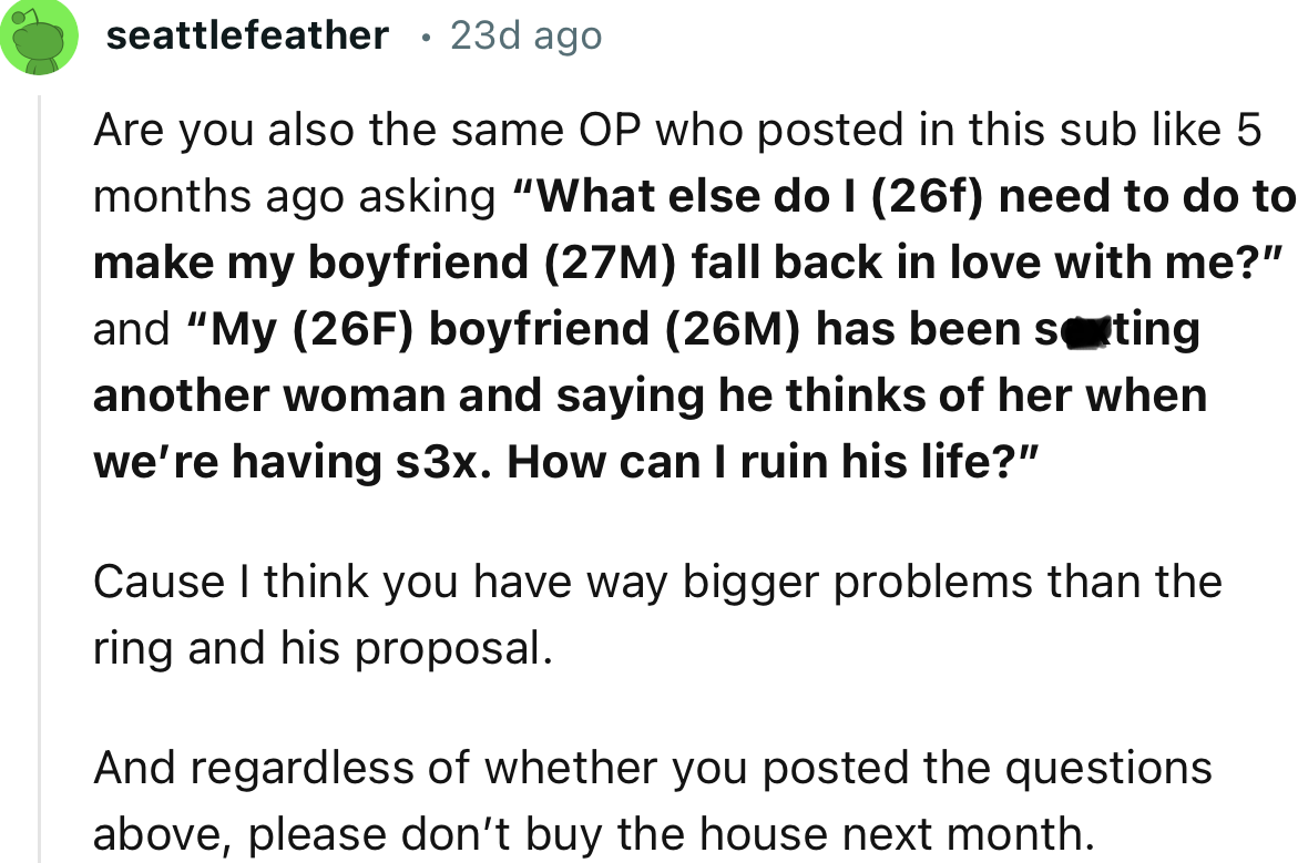 This Redditor did a deep dive and found out that this is not the first time OP has complained about her boyfriend