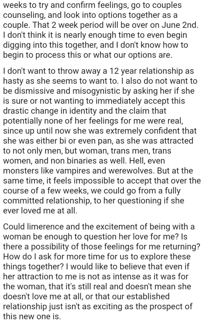 The OP couldn't believe that they could go from a fully committed relationship, to his wife questioning if she ever loved him at all