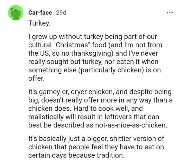 28. For this Redditor, it's turkey