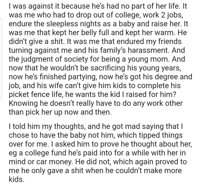 OP was strongly against him coming into their child's life since he abandoned the baby in the first place.