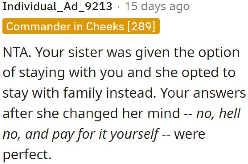 The OP had the perfect response after receiving a rude reply from his sister.