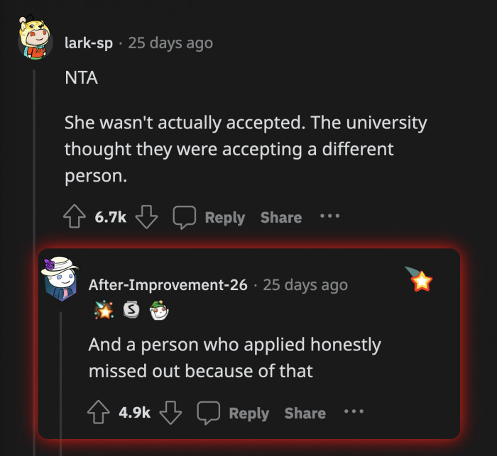 Her lie affected OP and another potential student who would have gotten in if not for Tia.