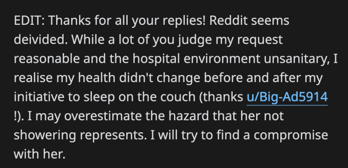 The last comment offered clarity to OP. He said he will find a compromise with his wife.