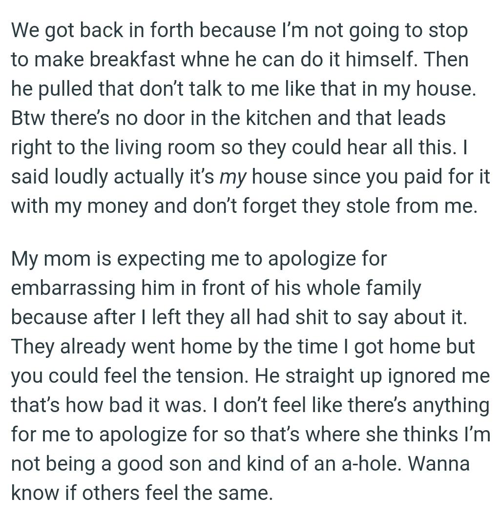 OP's mom is expecting me to apologize for embarrassing him in front of his whole family
