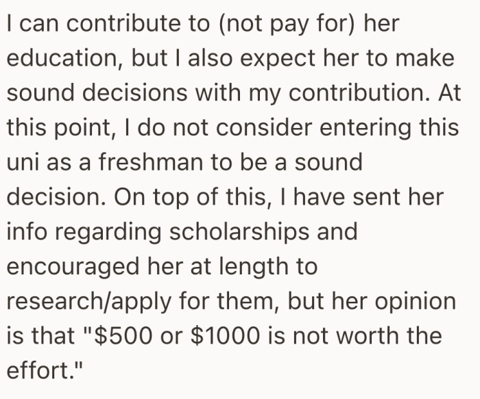 She describes the frustration of offering help while watching her daughter dismiss every practical step toward reducing costs.