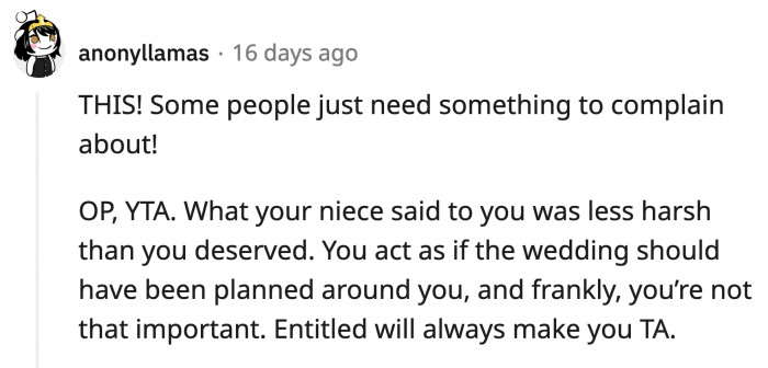 But OP is an aunt! That is the most important person during a wedding. Everybody knows this!