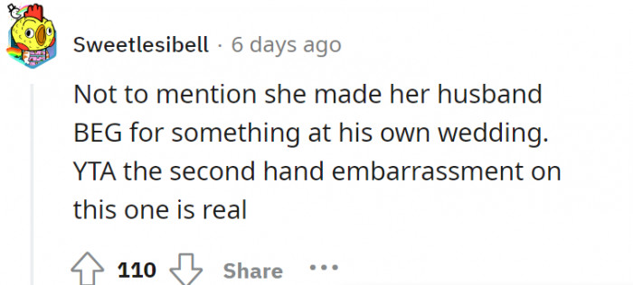 The fact that the husband has to beg OP. This is his wedding, too, remember?