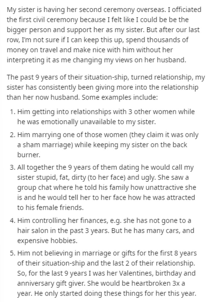 OP starts off their post by explaining their sister's situation and also the reasons why OP doesn't like their sister's future husband.