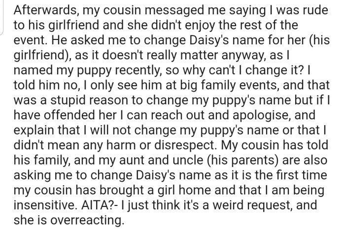Now the entire family is pressuring OP to change her puppy's name