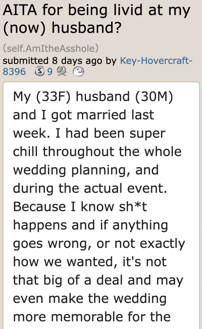 The woman was relaxed when she and her husband were organizing the wedding.