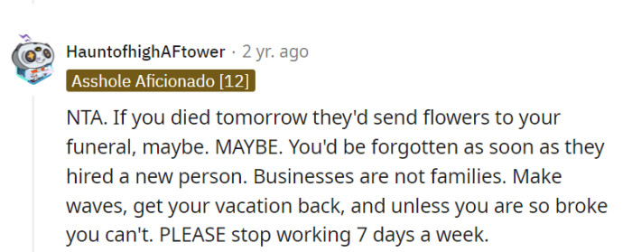 No blame on their part. Company's flowers and a rapid replacement—business, not a family reunion! Time for that vacation.