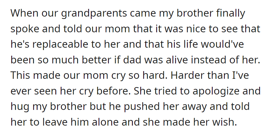 The brother's hurtful remarks made the mom cry. Despite her attempts to reconcile, he pushed her away, asking to be left alone.