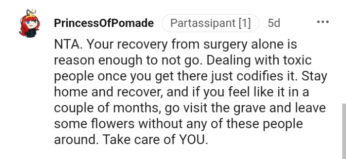 The OP should stay home and recover and just basically take care of herself