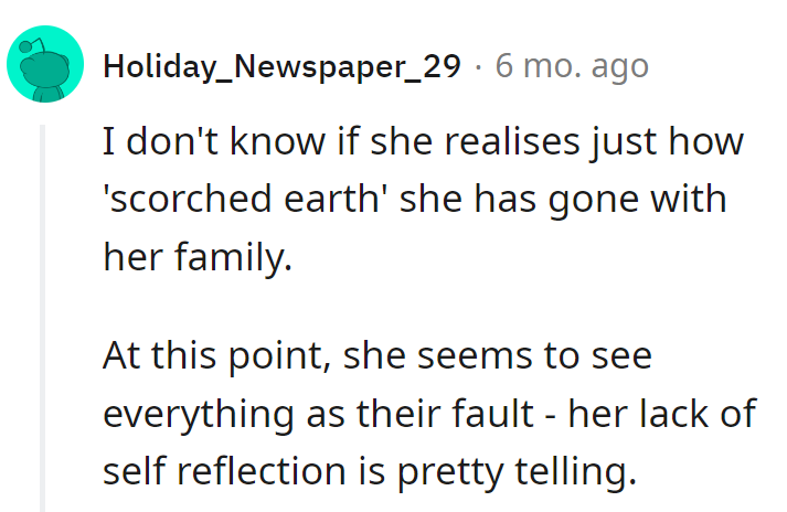 Apparently, in her world, family dynamics have their own gravitational pull, and it's all their fault.