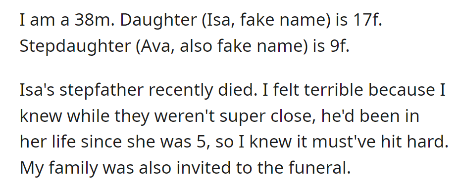 OP, a 38-year-old father, his daughter Isa, and stepdaughter Ava, cope with the recent death of Isa's stepfather, who had been in her life since age 5. They received a funeral invitation.