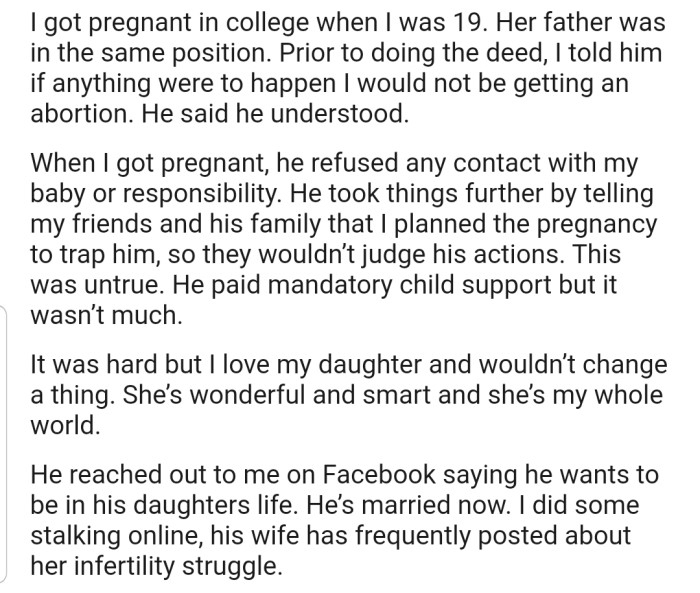 OP explained that she got pregnant in college and was abandoned by the father. Surprisingly, years later, he reached out to OP, claiming that he wants to be in the child's life. Well, it turns out he's married now, and his wife is struggling with infertility.