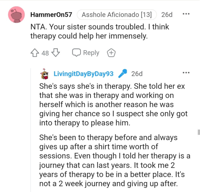 Therapy could benefit the OP's sister immensely