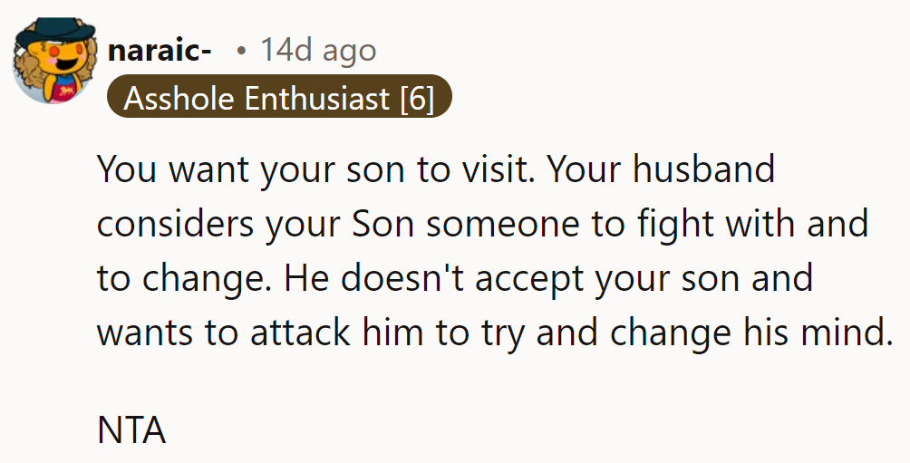 She wants her son to visit without her husband turning it into a battleground of beliefs.
