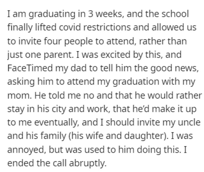 OP is graduating soon and she wanted her father to be there for her but he told her no, and that she should invite her uncle and his family