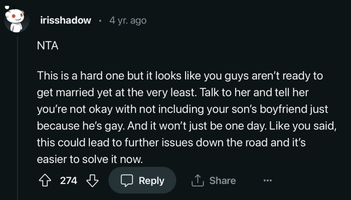 Maybe they should wait a bit before tying the knot. It is better to solve it now, however it may be, before facing more similar situations that could happen in the future.