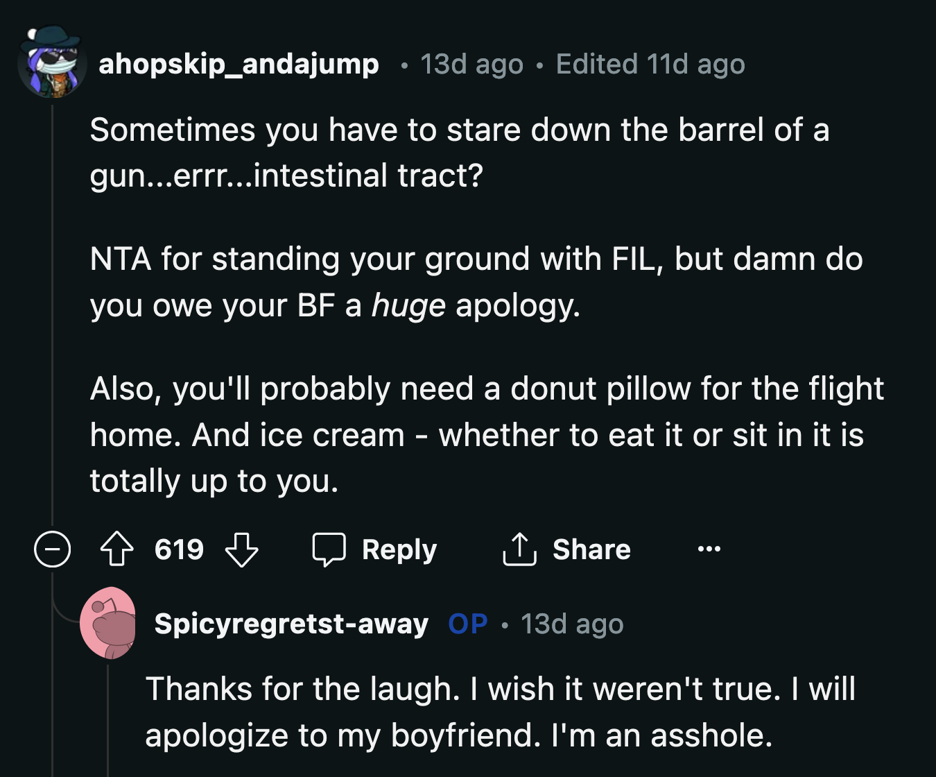 One thing is for sure: OP's flight home will be a long and painful one.