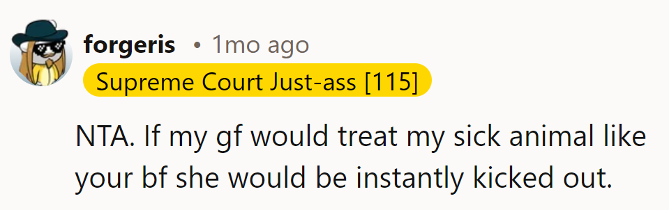 She's NTA. If her girlfriend treated her sick pet like that, she'd show her the door.