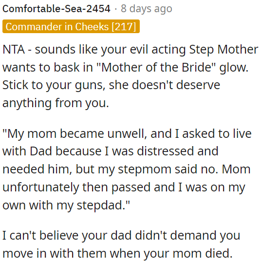 Stepmother seems selfish, denying support during difficult times; Dad's lack of action is disappointing.