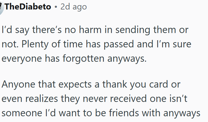 No need to stress over thank you cards when most people won’t even notice.