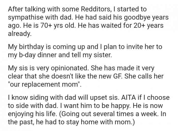 The OP's sister has made it very clear that she doesn't like the new GF