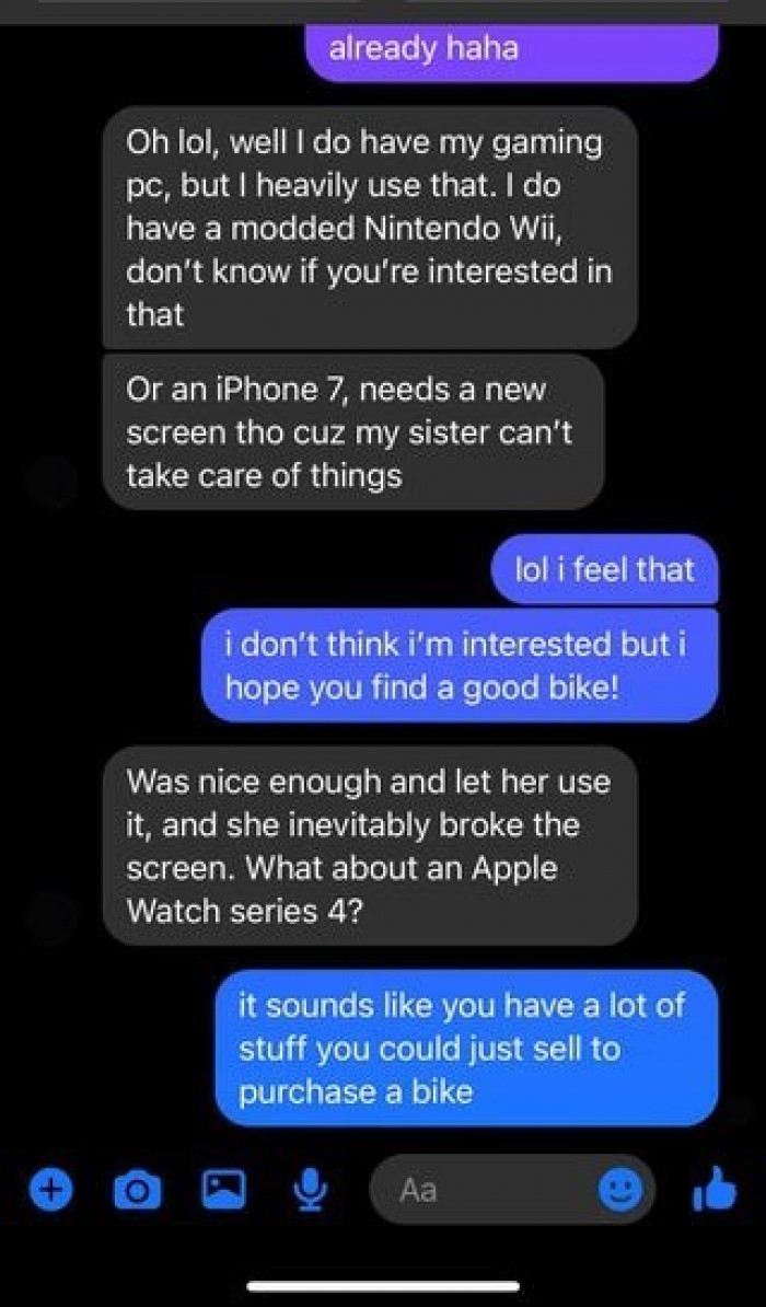 The stuff this person needs to sell for a bike.