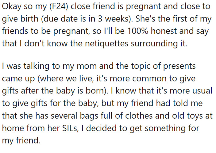 OP has a close friend who's about to have a baby. She knows the friend has enough baby items and wants to prepare a care package for mom