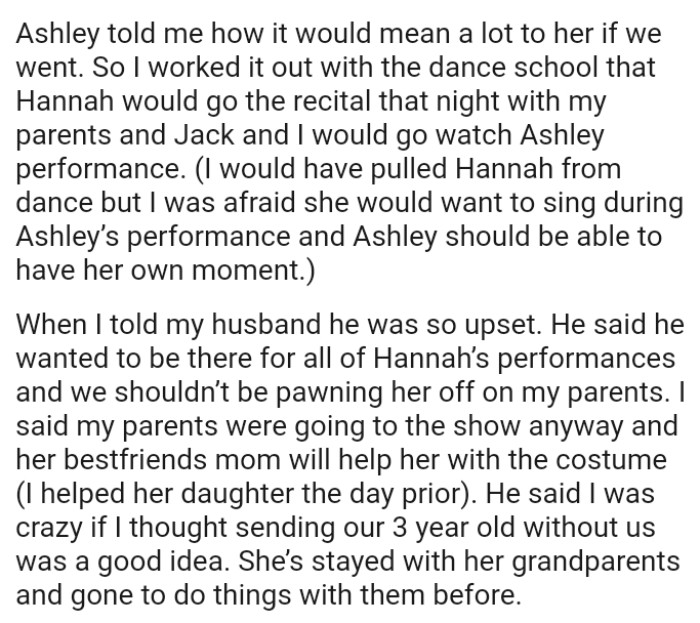 OP's Husband Said He Wanted to Be There for All of His Second Daughter's Performances