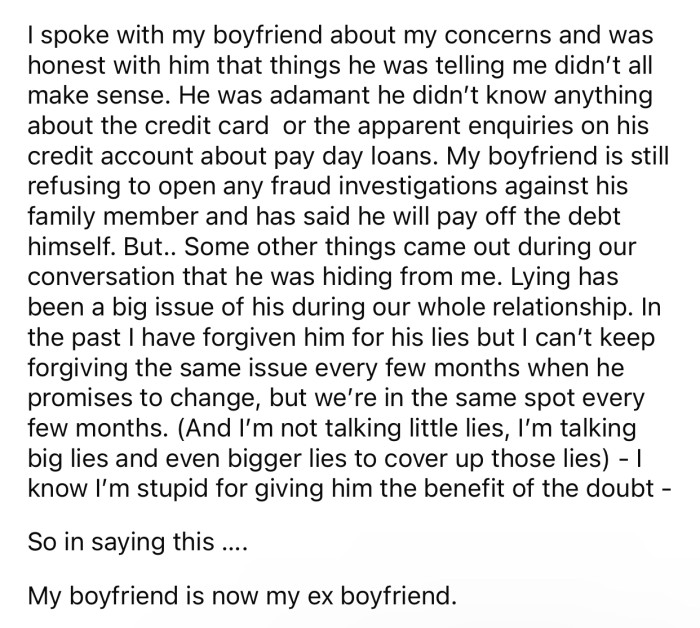 OP discovered some of her boyfriend's lies after digging deeper.