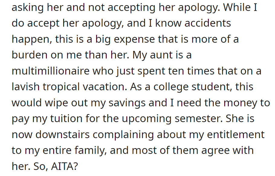 The aunt then criticized OP for the vet bill request. Was OP in the wrong?