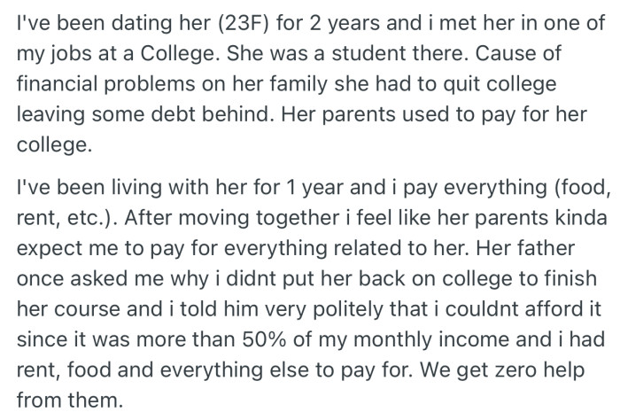 Since OP and his girlfriend moved in together, he has been paying everything. However, his girlfriend’s dad asked him to put her back in college, which he said “no” to due to the cost