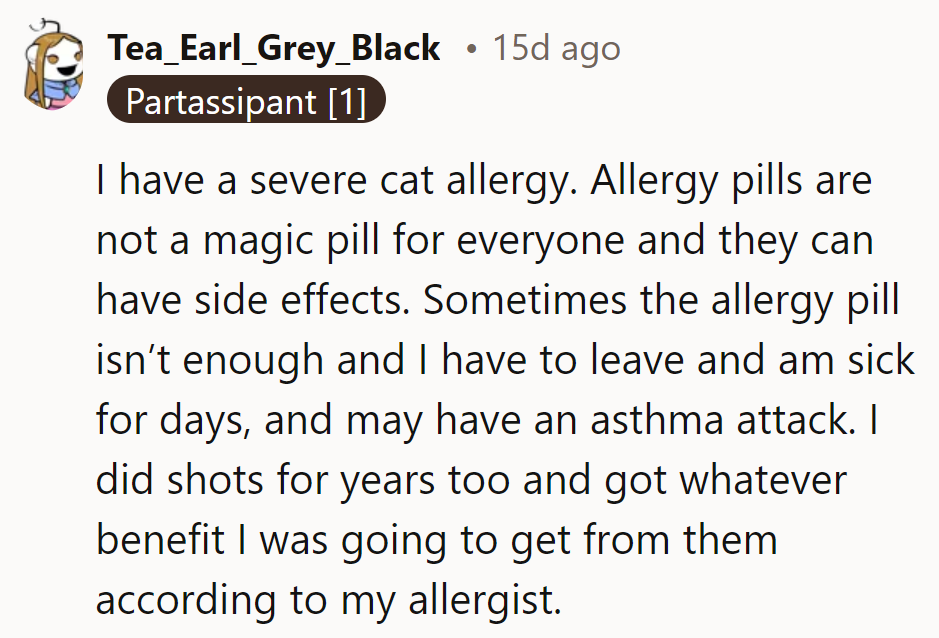 Cat allergies: not a purr-fect situation! Pills and shots have their limits. It's either leave or wheeze, even with meds in the mix!