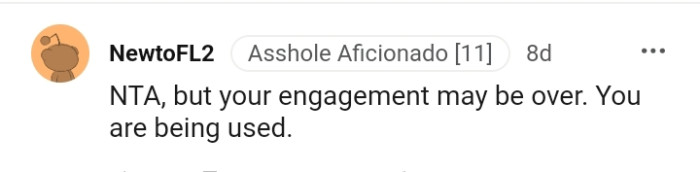 Another Redditor who says the OP's engagement might be over.