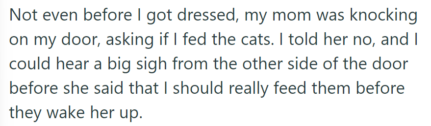 Mom knocks and asks if the cats have been fed. OP says no, hears a sigh, and is reminded to feed them before Mom's woken up.